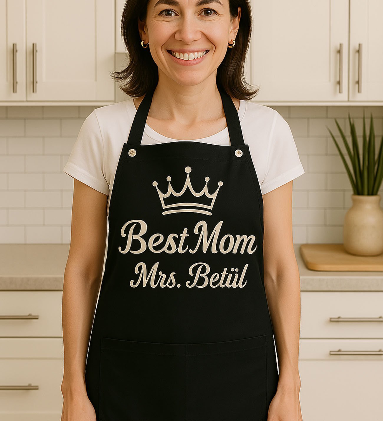 BK Gift Kişiye Best Mom Tasarımlı Profesyonel Siyah Mutfak Önlüğü-1, Aşçı Önlüğü, Şef Önlüğü, Anneler Günü Hediyesi