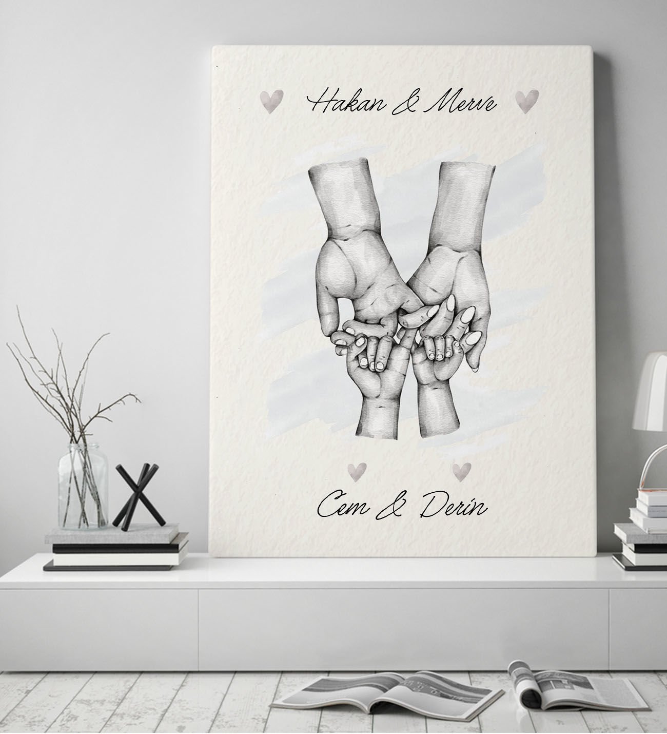 BK Gift Kişiye Özel El Ele Tutuşan Aile Tasarımlı Siyah Beyaz Kanvas Tablo-1 50x70, Anneye Hediye, Aile Hediyesi