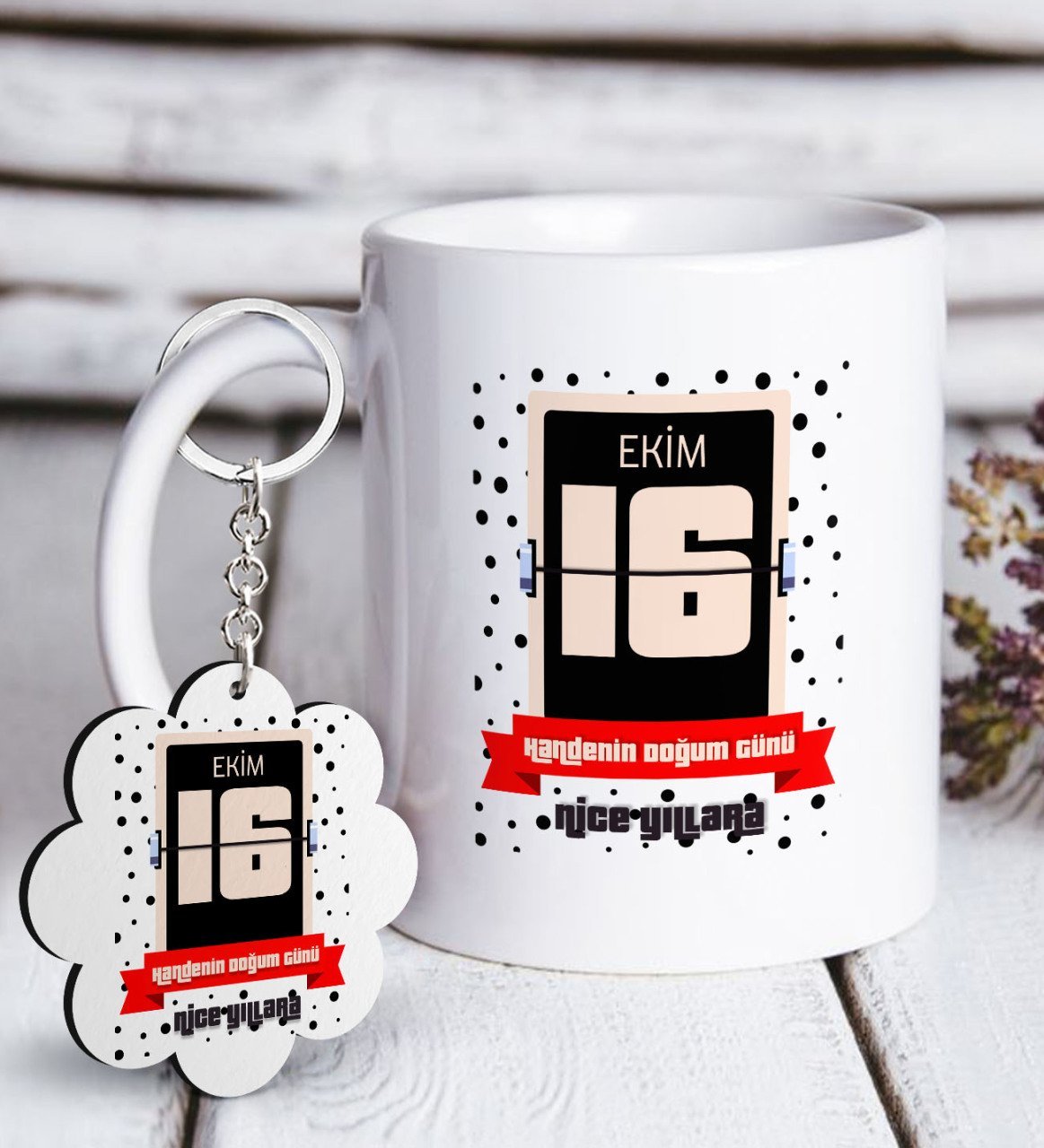 Kişiye Özel Tarihli Doğum Günü Beyaz Kupa ve Anahtarlık Hediye Seti-7