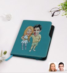 Kişiye Özel Sevgililer Karikatürlü Turkuaz Termo Deri Defter-98