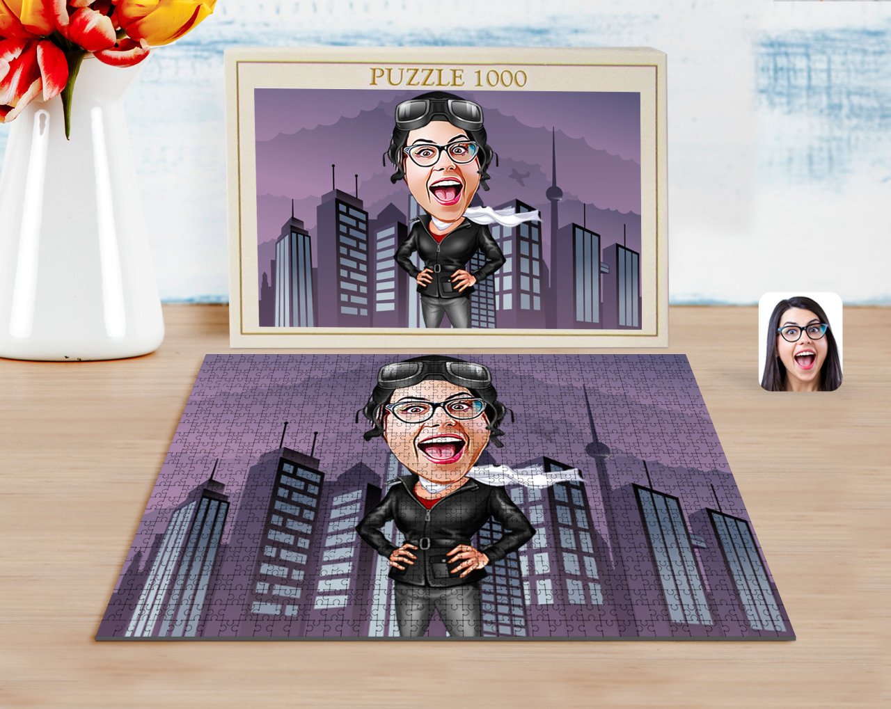 Kişiye Özel Kadın Pilot Karikatürlü 1000 Parça Profesyonel Puzzle-1