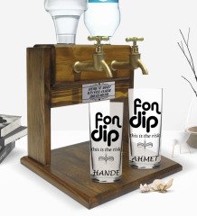 Kişiye Özel Renkli Baskılı Fondip Tasarımlı İkili Rakı Bardağı ve Çift Musluklu Doğal Ahşap Rakı Standı-1