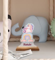 BK Gift Kişiye Özel İsimli Unicorn Tasarımlı Ahşap Standlı Pleksi Biblo-1