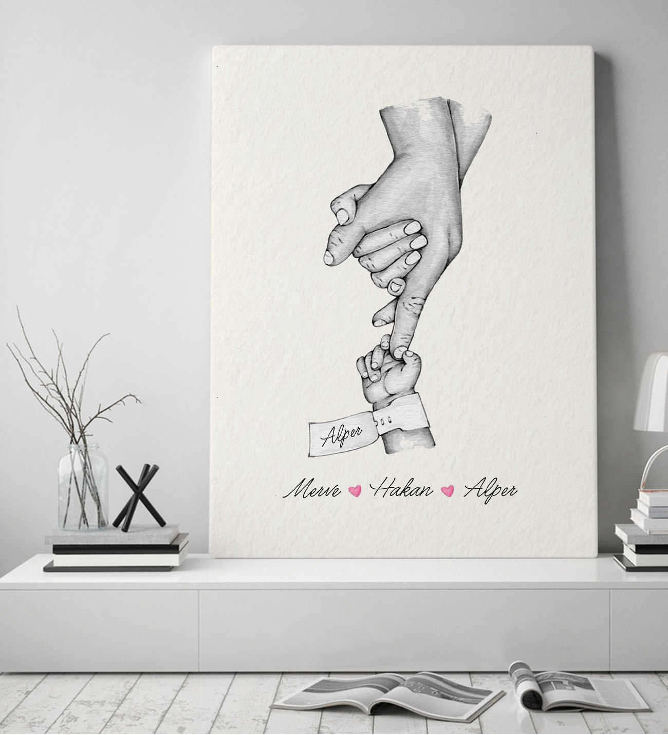 BK Gift Kişiye Özel El Ele Tutuşan Aile Tasarımlı Siyah Beyaz Kanvas Tablo-2 50x70, Anneye Hediye, Aile Hediyesi