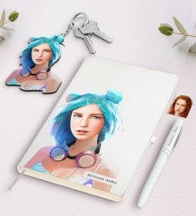 Kişiye Özel Kadın Soyut Karikatürlü Beyaz Defter Kalem Ve Anahtarlık Hediye Seti-23