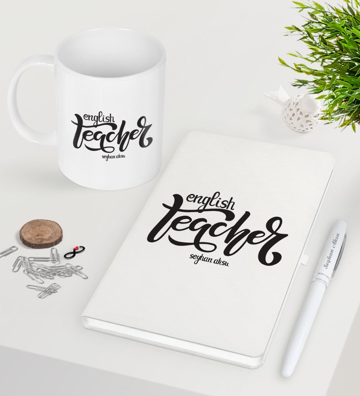 Kişiye Özel İngilizce Öğretmeni Beyaz Defter Kalem Kupa Seti-15