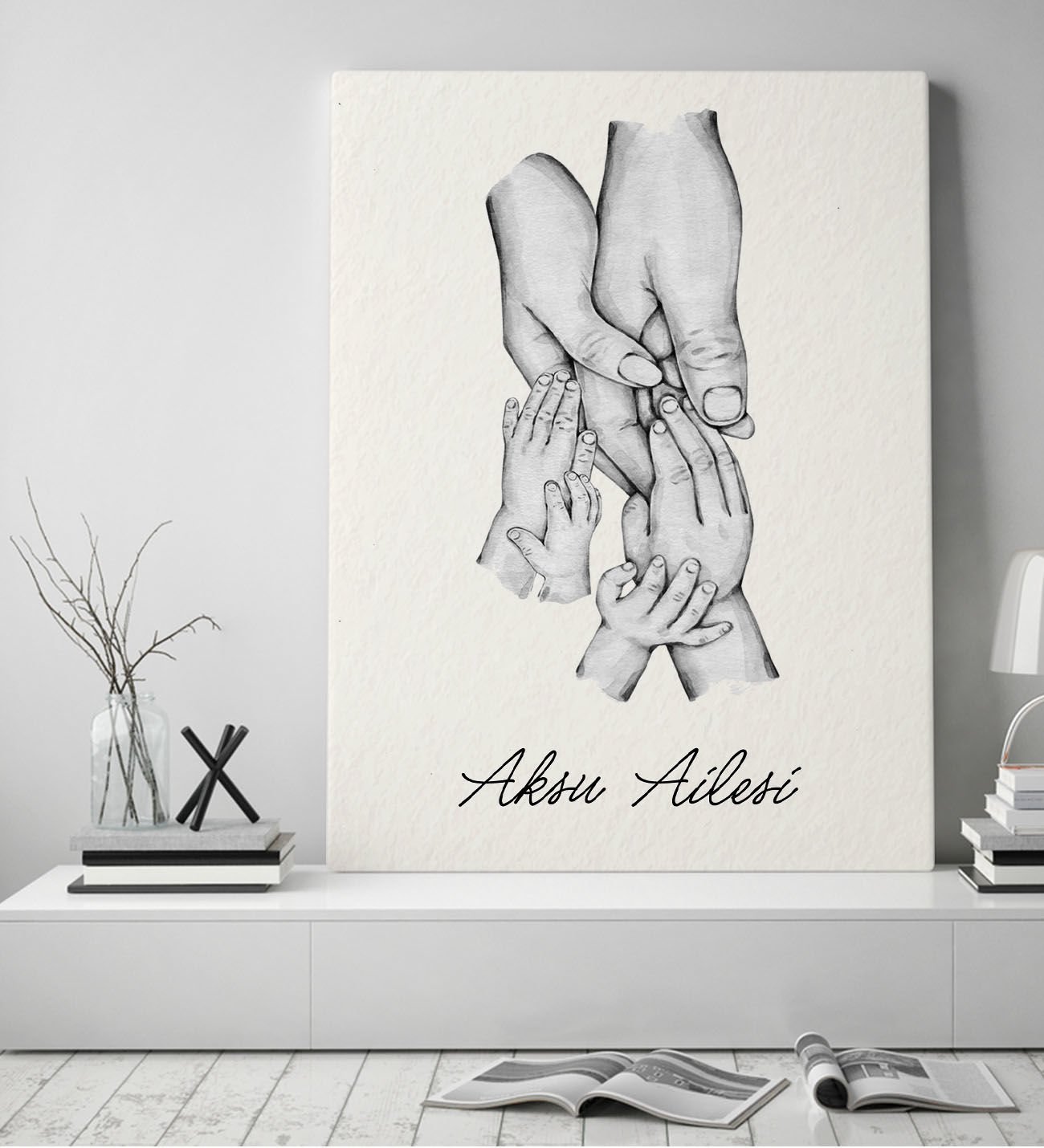 BK Gift Kişiye Özel El Ele Tutuşan Aile Tasarımlı Siyah Beyaz Kanvas Tablo-3 50x70, Anneye Hediye, Aile Hediyesi