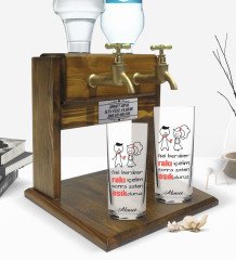 Kişiye Özel Renkli Baskılı Gel Beraber Rakı İçelim Tasarımlı İkili Rakı Bardağı ve Çift Musluklu Doğal Ahşap Rakı Standı-1