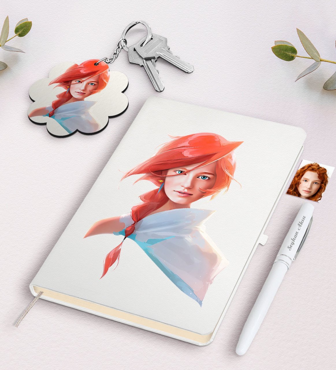 Kişiye Özel Kadın Soyut Karikatürlü Beyaz Defter Kalem Ve Anahtarlık Hediye Seti-24