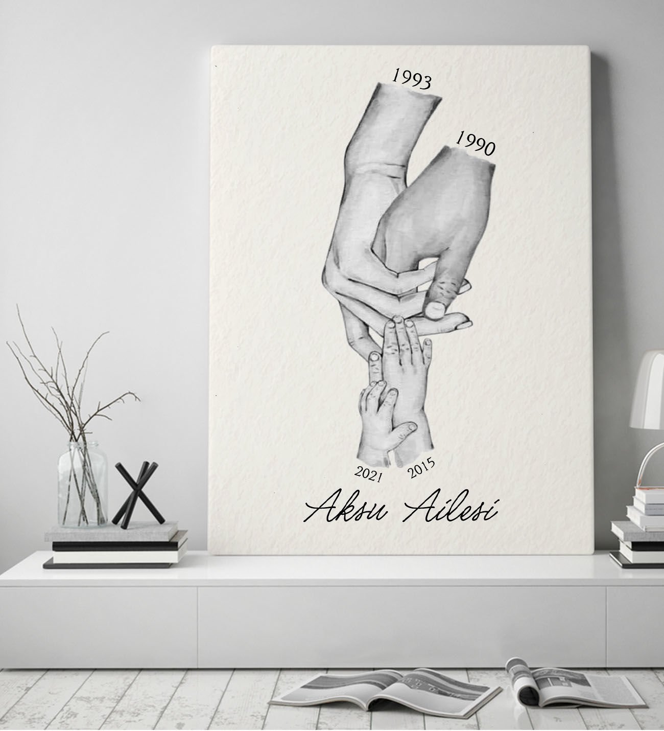 BK Gift Kişiye Özel El Ele Tutuşan Aile Tasarımlı Siyah Beyaz Kanvas Tablo-4 50x70, Anneye Hediye, Aile Hediyesi