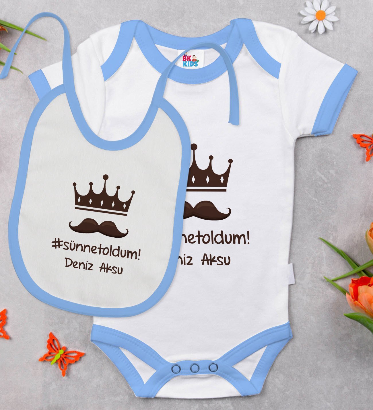 BK Kids Kişiye Özel Sünnet Oldum Tasarımlı Mavi Bebek Body Zıbın ve Mama Önlüğü Hediye Seti
