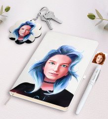 Kişiye Özel Kadın Soyut Karikatürlü Beyaz Defter Kalem Ve Anahtarlık Hediye Seti-25