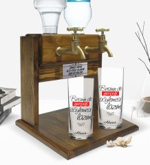 Kişiye Özel Renkli Baskılı Gerçeği Söylemesi Lazım Tasarımlı İkili Rakı Bardağı ve Çift Musluklu Doğal Ahşap Rakı Standı-1