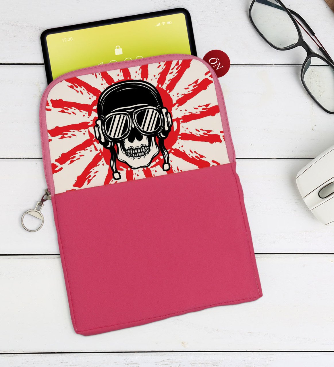 BK Gift Kurukafa Tasarımlı Taşınabilir Koruyucu Tablet Kılıfı & Organizer Çanta - Pembe-9
