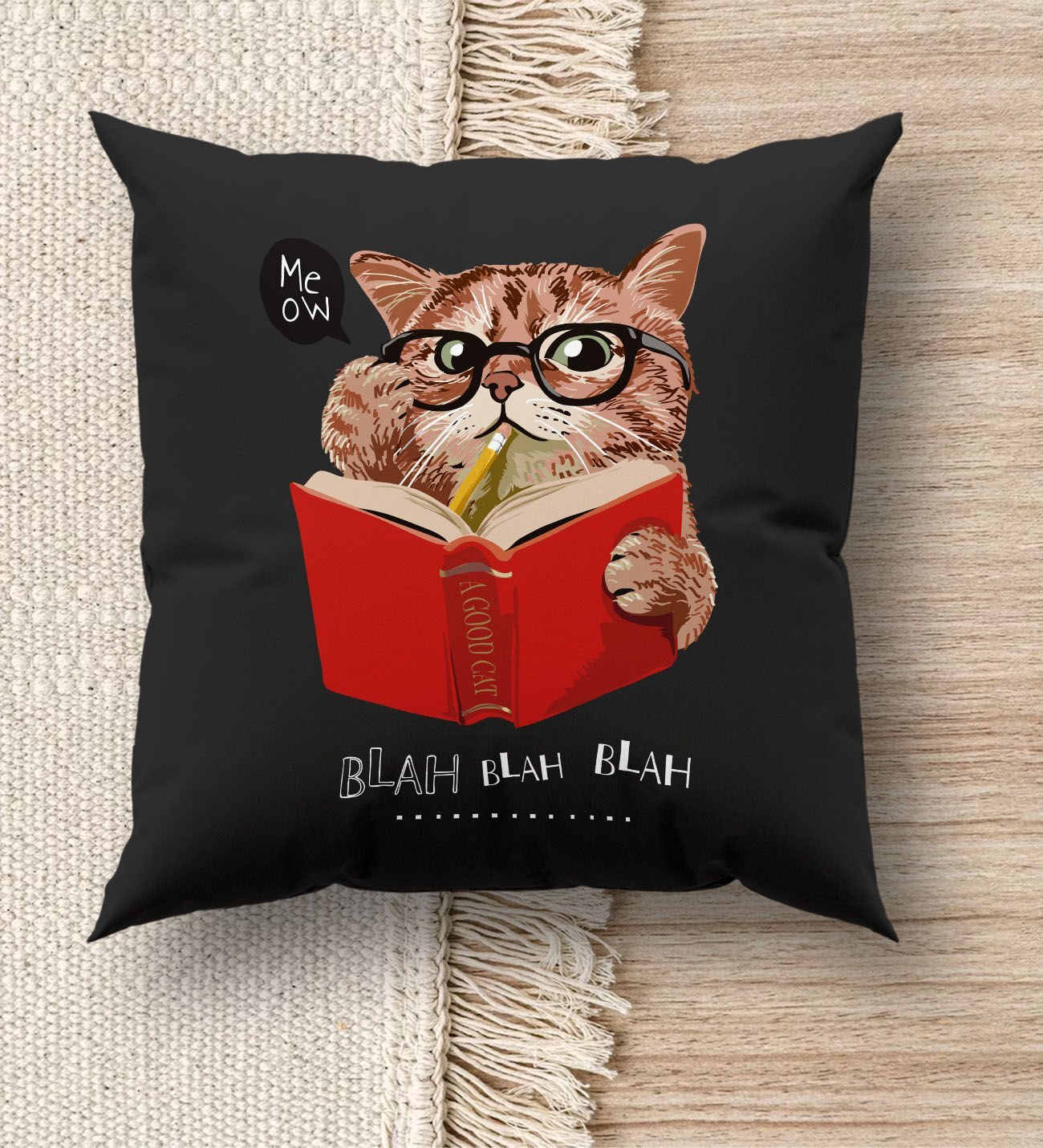 BK Gift Kedi Tasarımlı Premium Kumaş Siyah Kırlent Yastık, Ev Hediyesi, Ev Dekorasyonu, Dekoratif Hediye-4