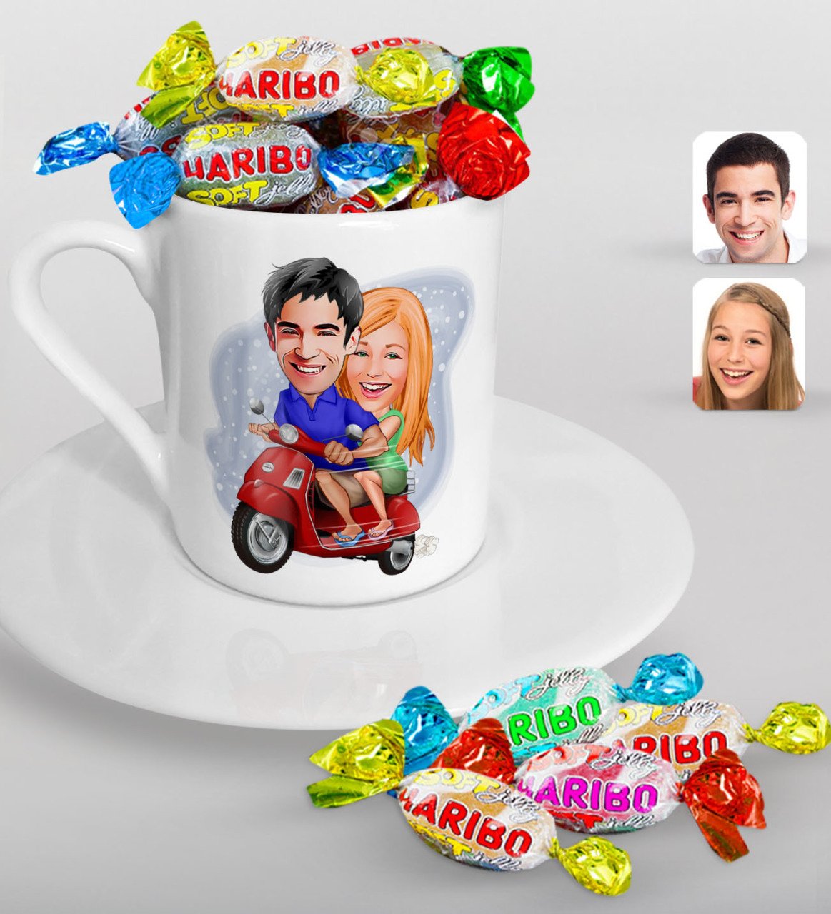 Kişiye Özel Sevgililer Karikatürlü Türk Kahvesi Fincanı ve Haribo Şeker Hediye Seti-10