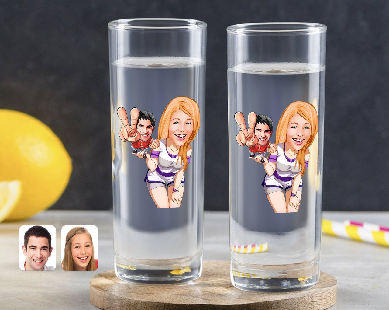 Kişiye Özel Renkli Baskılı Sevgililer Karikatürlü İkili Vodka Bardağı-30