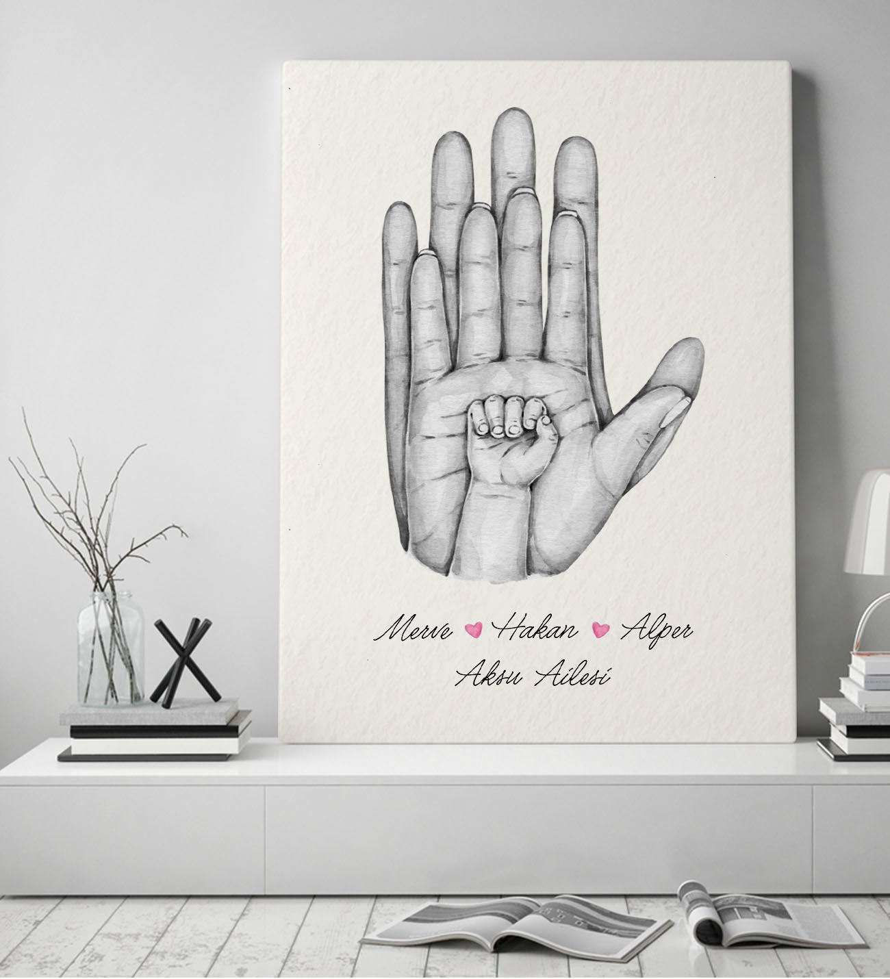 BK Gift Kişiye Özel El Ele Tutuşan Aile Tasarımlı Siyah Beyaz Kanvas Tablo-7 50x70, Anneye Hediye, Aile Hediyesi