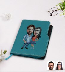 Kişiye Özel Sevgililer Karikatürlü Turkuaz Termo Deri Defter-105