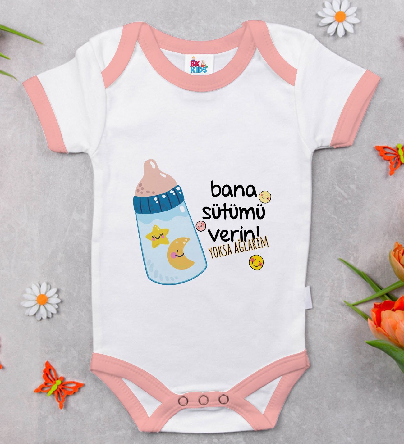 BK Kids Bana Sütümü Verin Tasarımlı Pembe Bebek Body Zıbın-1