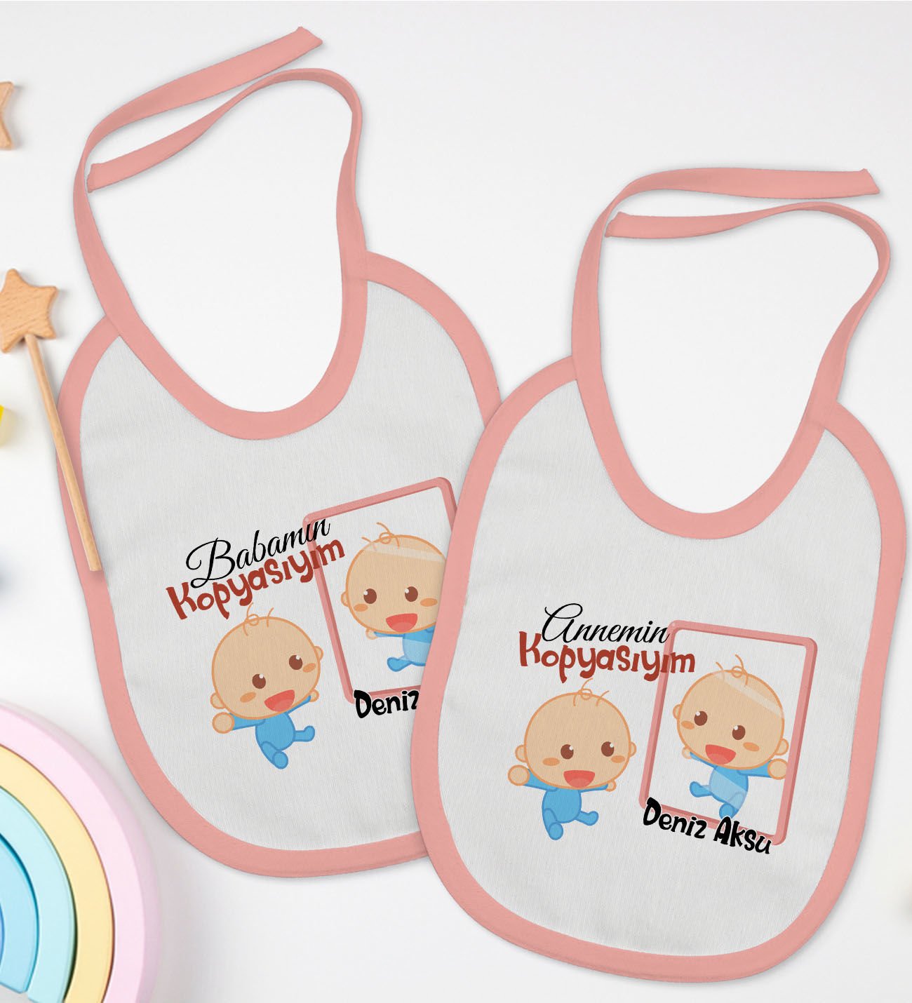 BK Kids Kişiye Özel Anne ve Baba Tasarımlı 2’li Pembe Mama Önlüğü-2