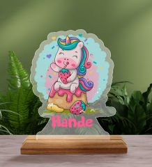 BK Gift Kişiye Özel İsimli Sevimli Unicorn Tasarımlı Ahşap Standlı Pleksi Biblo-1
