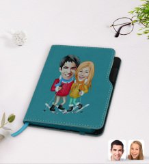 Kişiye Özel Sevgililer Karikatürlü Turkuaz Termo Deri Defter-107