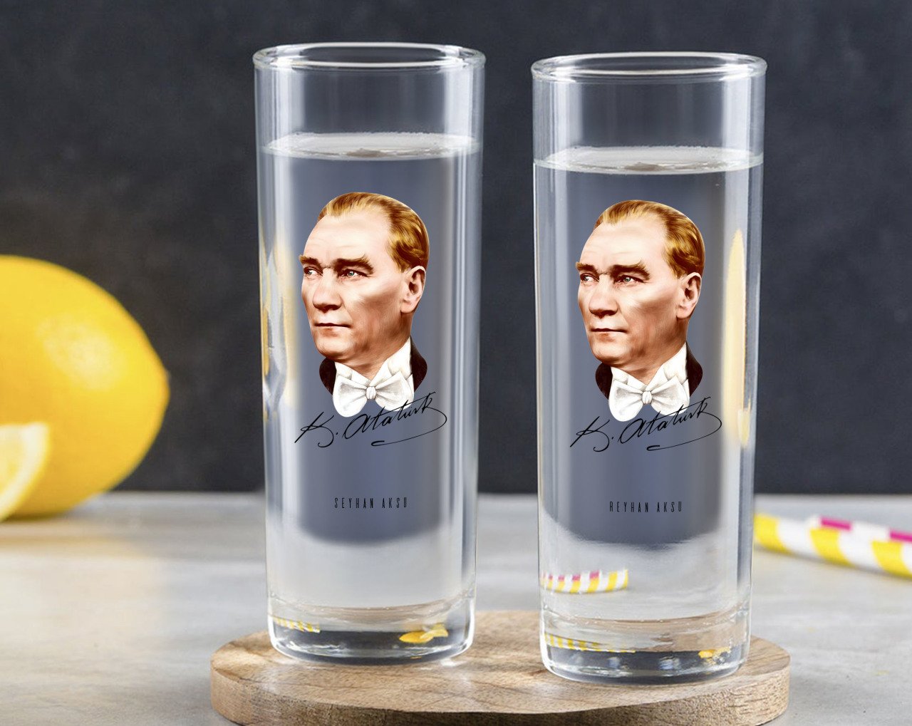 Kişiye Özel Renkli Baskılı Atatürk Temalı İkili Vodka Bardağı-15
