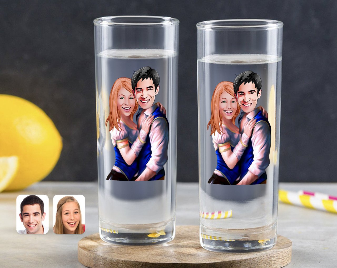 Kişiye Özel Renkli Baskılı Sevgililer Karikatürlü İkili Vodka Bardağı-36