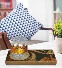 Kişiye Özel Çiçekler Tasarımlı Doğal Ahşap Tabaklı Viski Bardağı Sunum Seti Model 4