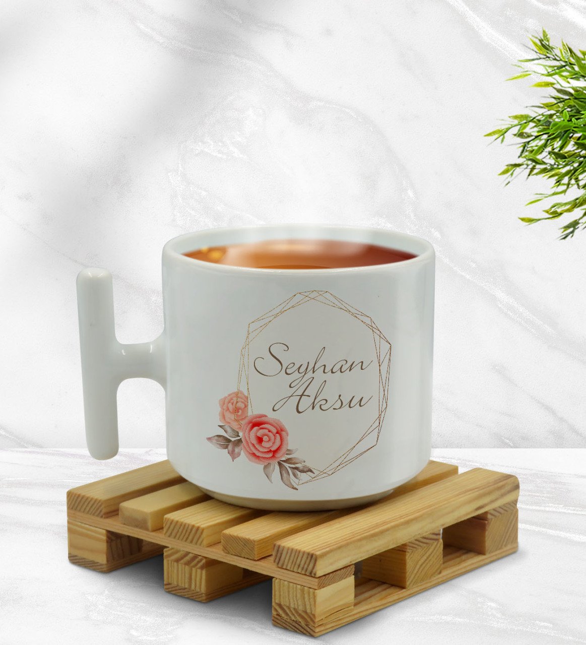 Kişiye Özel Çiçek Tasarımlı T Kulplu Beyaz Middle Kupa Bardak-21