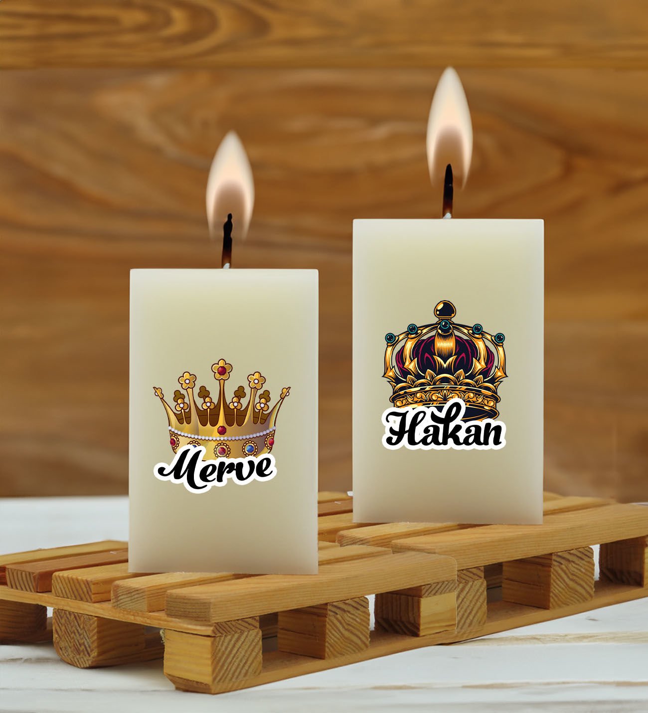 BK Gift Kişiye Özel Kral-Kraliçe Tacı Tasarımlı 2’li DTF Dikdörtgen Blok Mum Seti-1, Sevgiliye Hediye, Doğum Günü Hediyesi, Ev Hediyesi