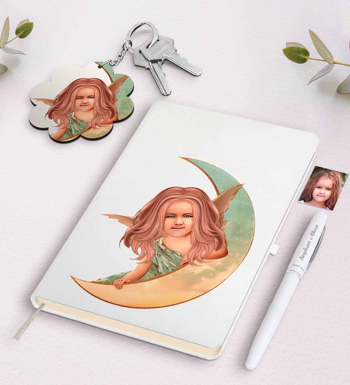 Kişiye Özel Kız Çocuk Melek Karikatürlü Beyaz Defter Kalem Ve Anahtarlık Hediye Seti-1