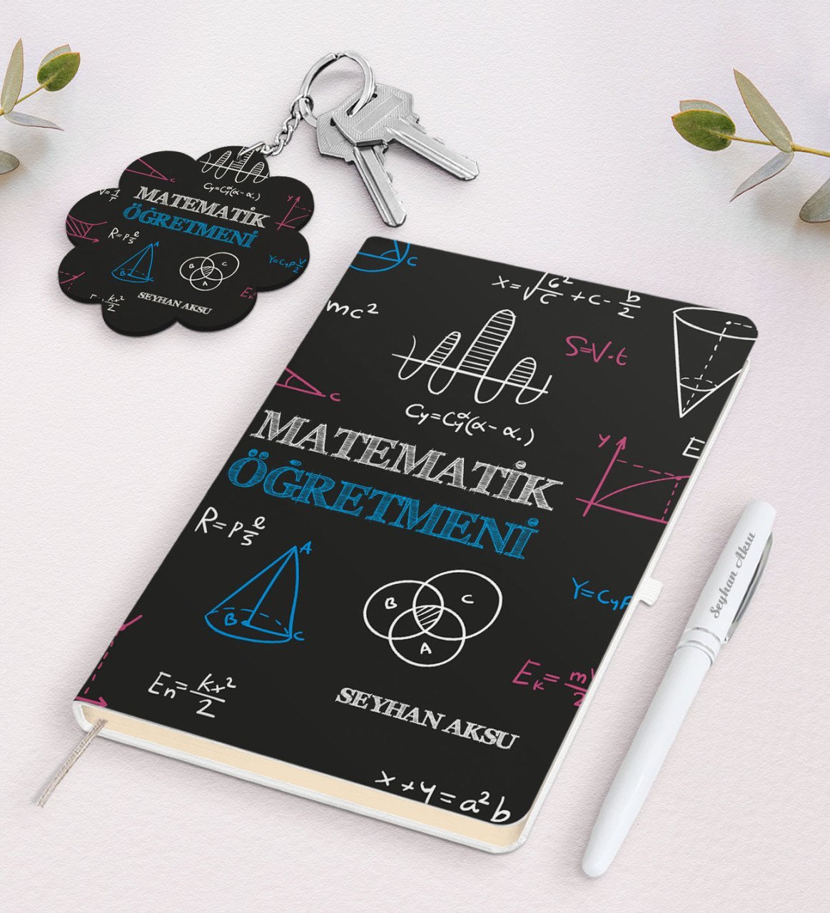 Kişiye Özel Matematik Öğretmeni Beyaz Defter Kalem ve Anahtarlık Hediye Seti-11