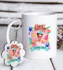 Kişiye Özel Fotoğraflı Doğum Günü Beyaz Kupa ve Anahtarlık Hediye Seti-6