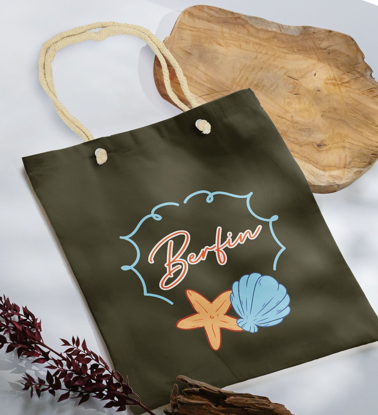 BK Gift Kişiye Özel Yaz Temalı İsimli Haki Halat Saplı Kumaş Plaj Çantası -3, Baskılı Omuz Çantası, Alışveriş Çantası, Arkadaşa Hediye, Sevgiliye Hediye