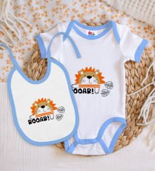 BK Kids Roar Tasarımlı Mavi Bebek Body Zıbın ve Mama Önlüğü Hediye Seti-1