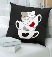BK Gift Kedi Tasarımlı Premium Kumaş Siyah Kırlent Yastık, Ev Hediyesi, Ev Dekorasyonu, Dekoratif Hediye-9