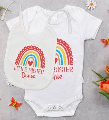 BK Kids Kişiye Özel Little Sister Tasarımlı Bebek Body Zıbın ve Mama Önlüğü Hediye Seti - Model 1