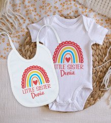 BK Kids Kişiye Özel Little Sister Tasarımlı Bebek Body Zıbın ve Mama Önlüğü Hediye Seti - Model 1