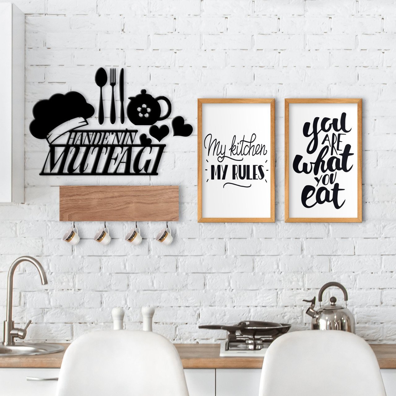 BK Home Doğal Ahşap Dekoratif Fincan Askılığı Mutfak Konseptli 2’li Ahşap Tablo ve İsme Özel Duvar Süsü-8