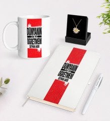 Kişiye Özel Dünyanın En İyi Öğretmeni Beyaz Kupa Defter Kalem ve İsimli Papatya Kolye Hediye Seti-1