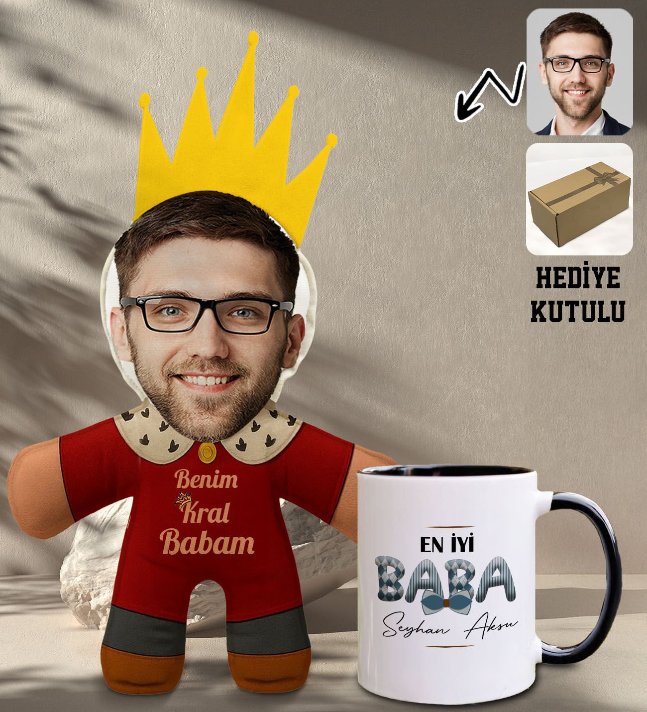 BK Gift Kişiye Özel Fotoğraflı Kral Babam Tasarımlı Bebek Yastık-1 & Siyah Kupa Bardak Hediye Seti-8, Babalar Günü Hediye, Babaya Hediye