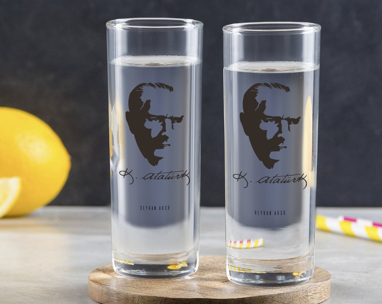 Kişiye Özel Renkli Baskılı Atatürk Temalı İkili Vodka Bardağı-23