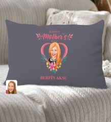 BK Gift Kişiye Özel Anneler Günü Karikatürlü Premium Kumaş Antrasit Dikdörtgen Kırlent Yastık, Anneler Günü Hediyesi, Ev Dekorasyonu-5