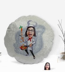 Kişiye Özel Kadın Chef Karikatürlü Yuvarlak Dekoratif Kırlent Yastık-2