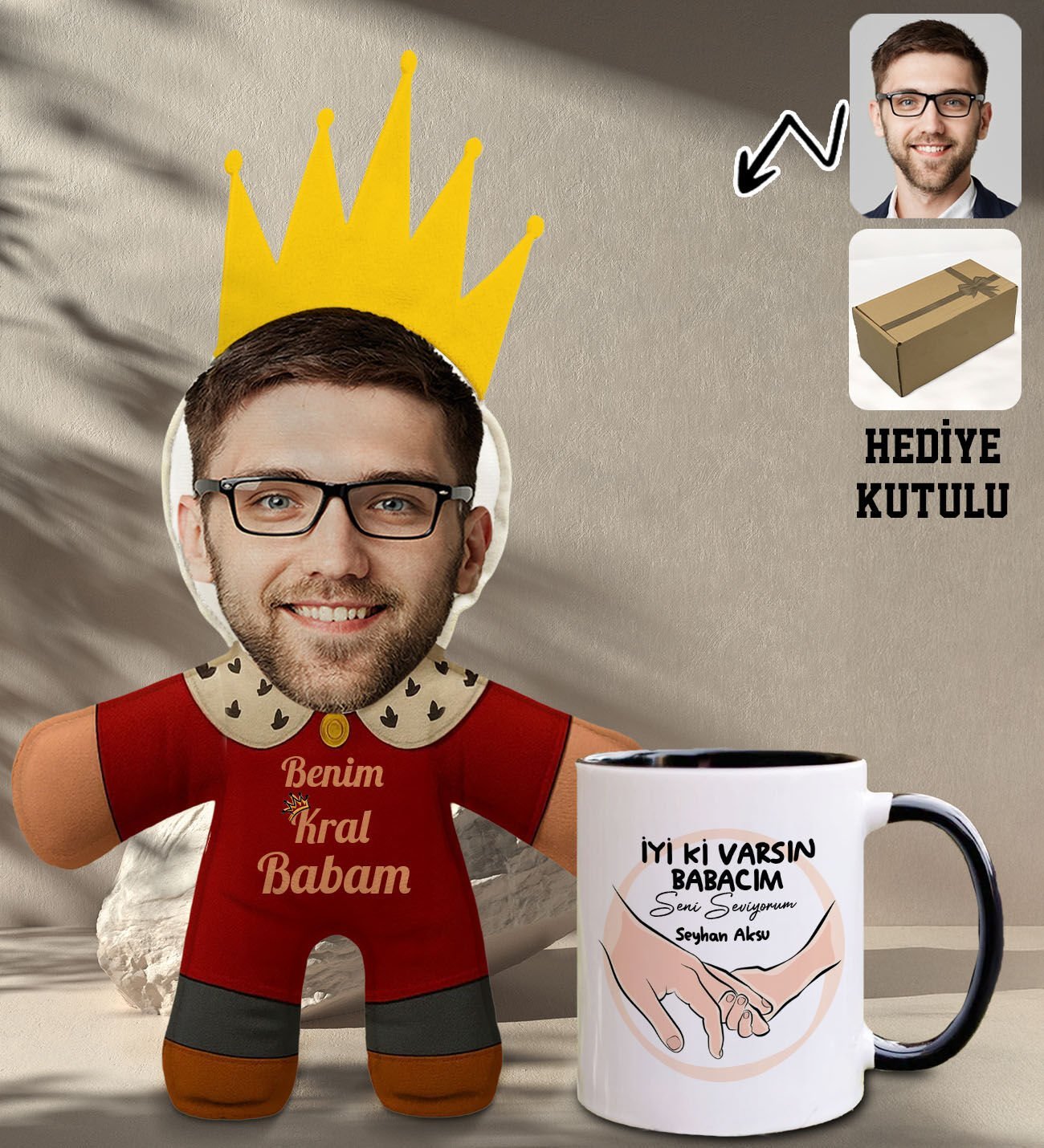 BK Gift Kişiye Özel Fotoğraflı Kral Babam Tasarımlı Bebek Yastık-1 & Siyah Kupa Bardak Hediye Seti-9, Babalar Günü Hediye, Babaya Hediye