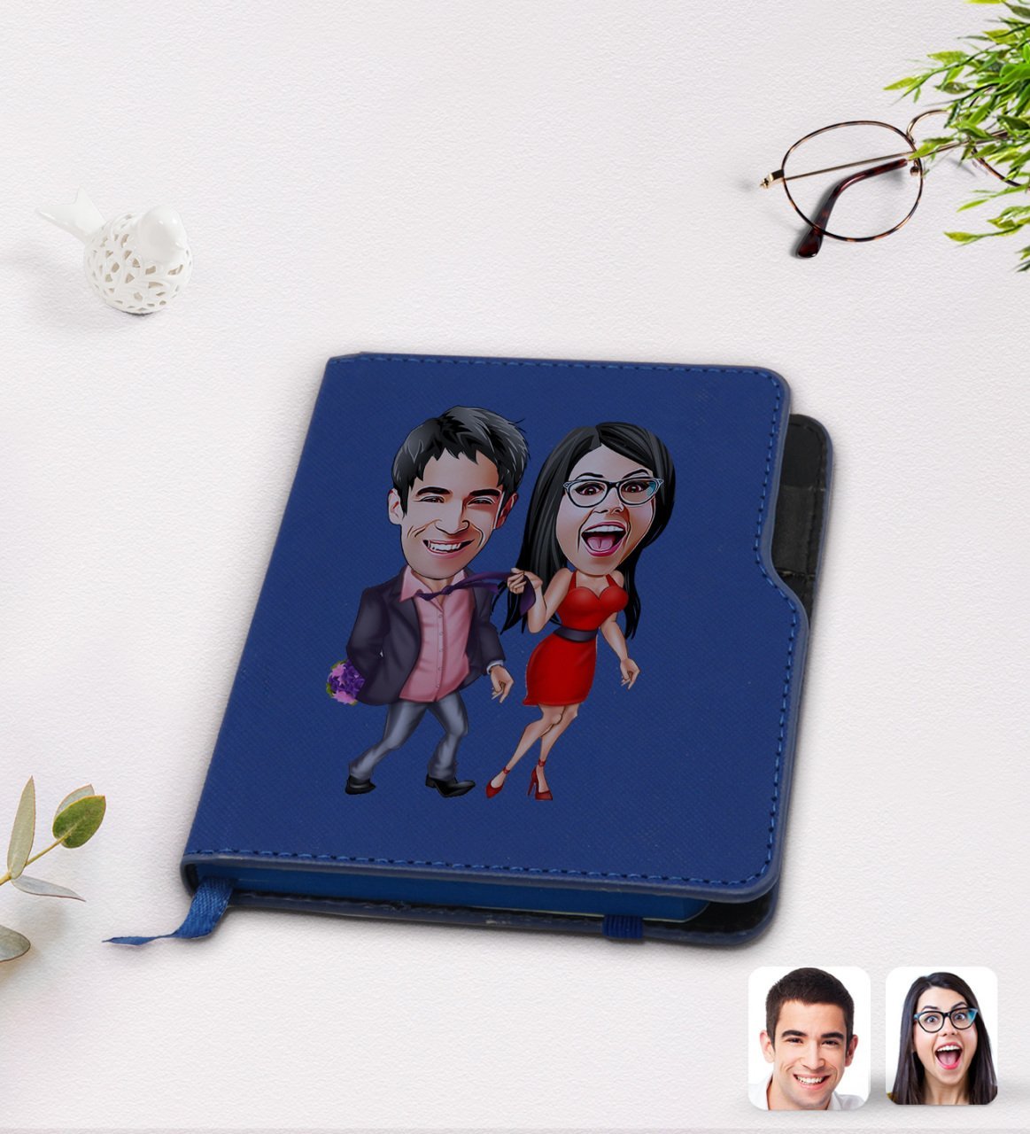 Kişiye Özel Sevgililer Karikatürlü Lacivert Termo Deri Defter-4