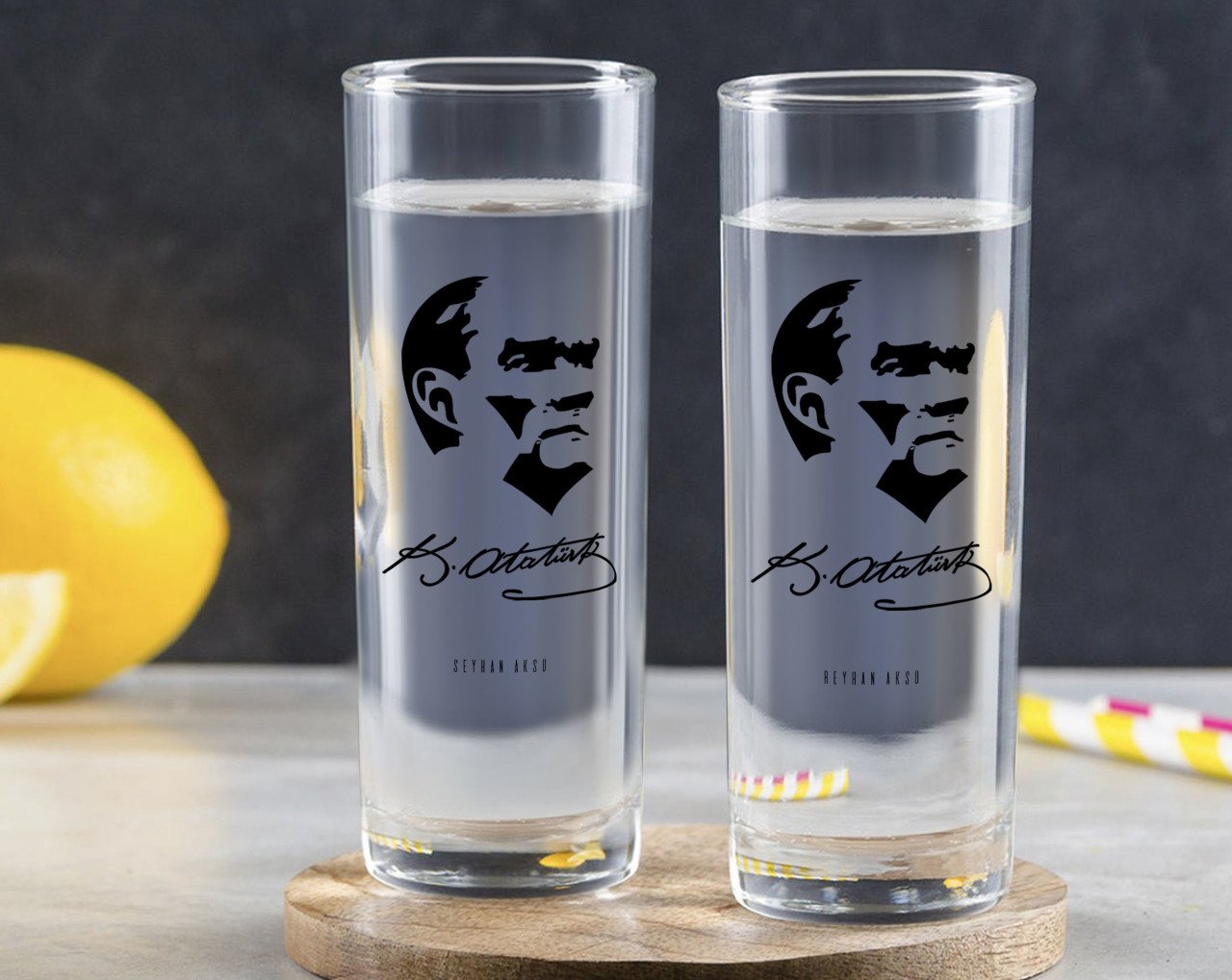 Kişiye Özel Renkli Baskılı Atatürk Temalı İkili Vodka Bardağı-24