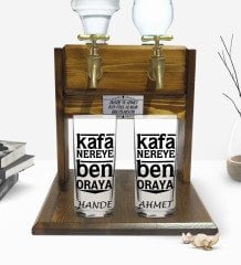 Kişiye Özel Renkli Baskılı Kafa Nereye Ben Oraya Tasarımlı İkili Rakı Bardağı ve Çift Musluklu Doğal Ahşap Rakı Standı-1